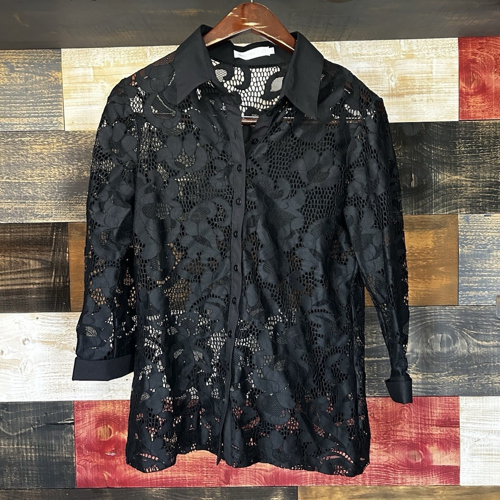 Anne Fontaine Black Lace Wrap Around Blouse French Cuff Sleeve 44
